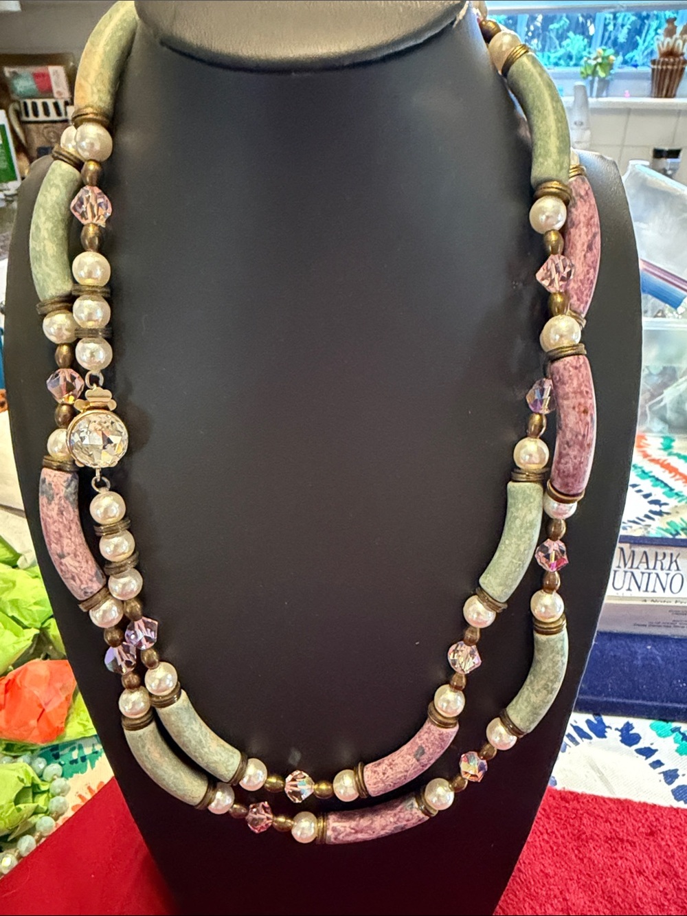 Vintage Diva real stone Handcrafted Pink and Green Beaded Necklace like new 42”